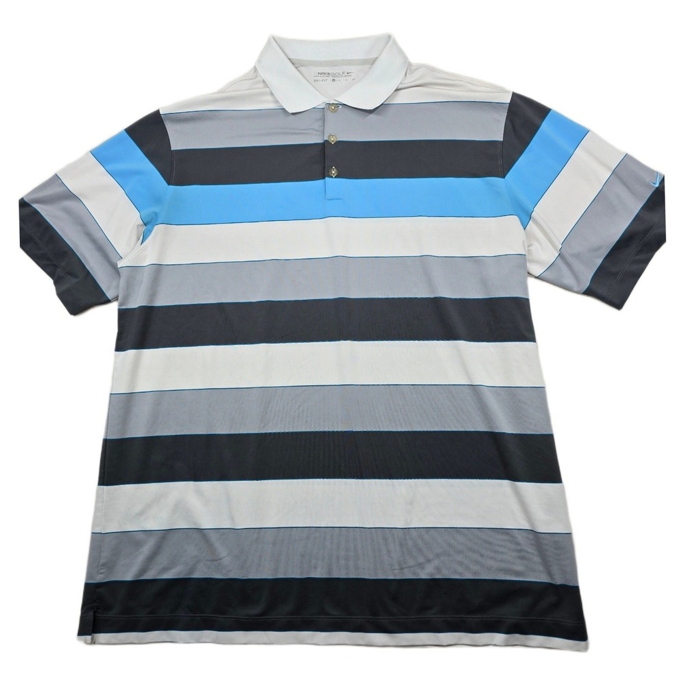 Nike Golf Polo Shirt Mens XL Blue Grey Striped Dri-FIT Performance Short Sleeve